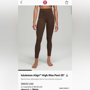 Lululemon Align Java Size 4, 25”